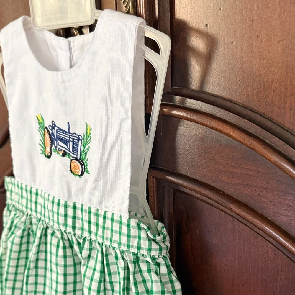 The Smocking Place Tractor Bubble Romper 6M Green Gingham Boys 100% Cotton